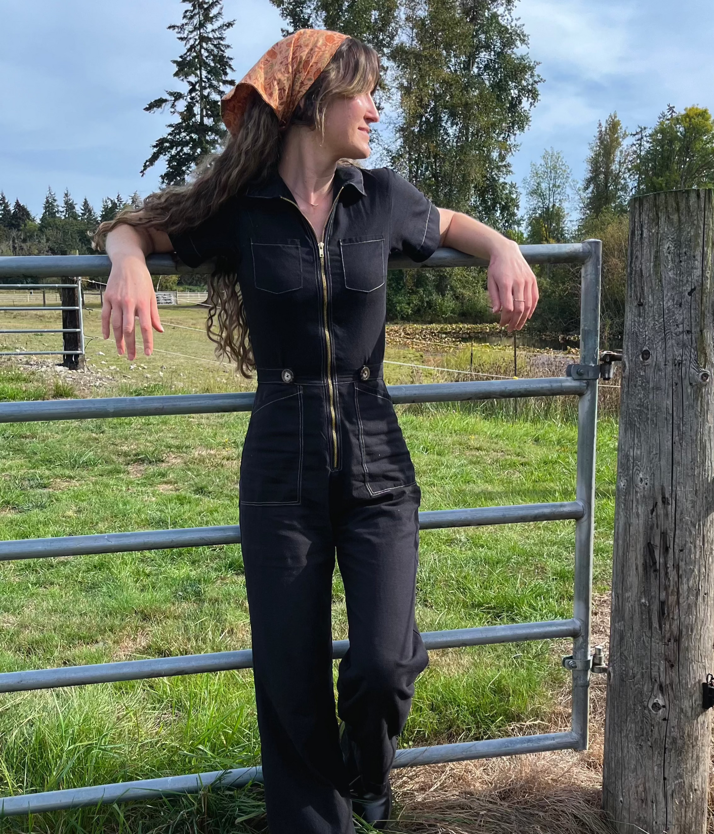 Black linen utility jumpsuit